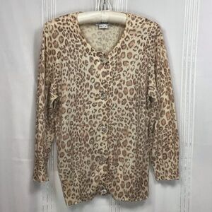 Chaus Leopard Print Silk Blend 3/4 Sleeve Crystal Button Cardigan Cream Tan Sz.L